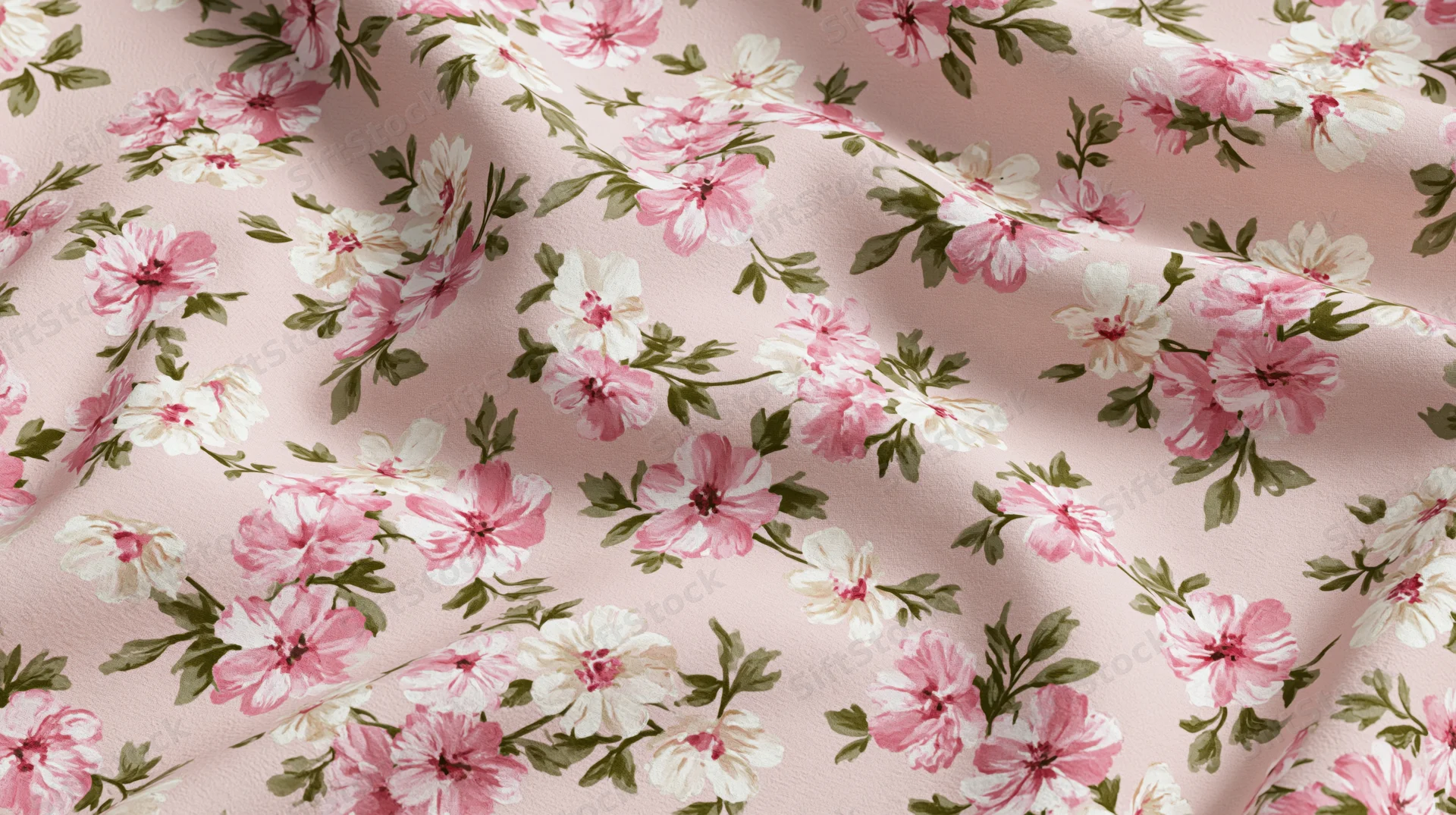 Vintage floral fabric swatch with pink and white blossoms and green leaves on a soft pink background