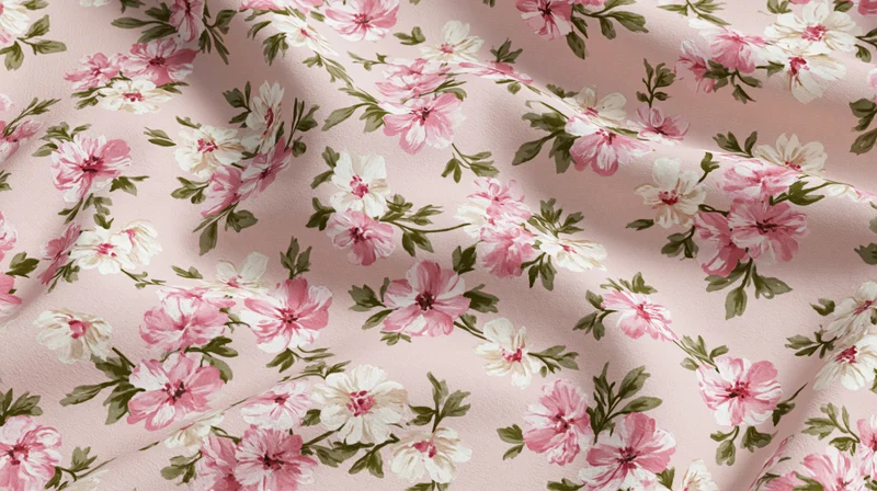 Vintage floral fabric swatch with pink and white blossoms and green leaves on a soft pink background