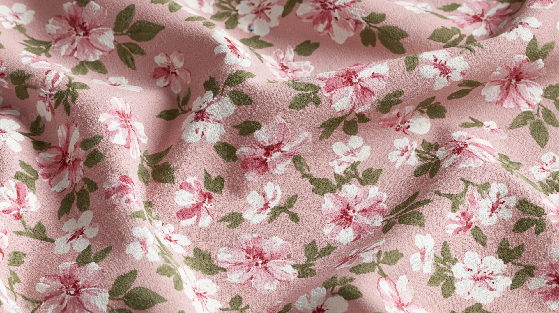 Vintage floral fabric swatch with pink and white flowers and green leaves filling the frame