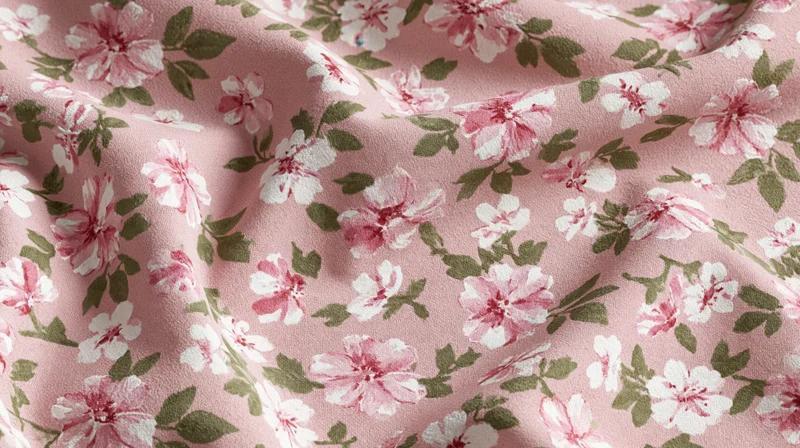 Vintage floral fabric swatch with pink and white flowers and green leaves filling the frame