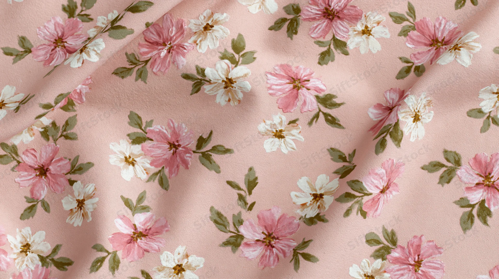 Vintage floral fabric swatch with pink and white flowers on a soft peach background