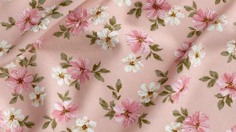 Vintage floral fabric swatch with pink and white flowers on a soft peach background