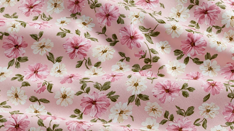 Vintage floral fabric swatch with pink and white blossoms and green leaves in a repeating pattern, flat lay closeup