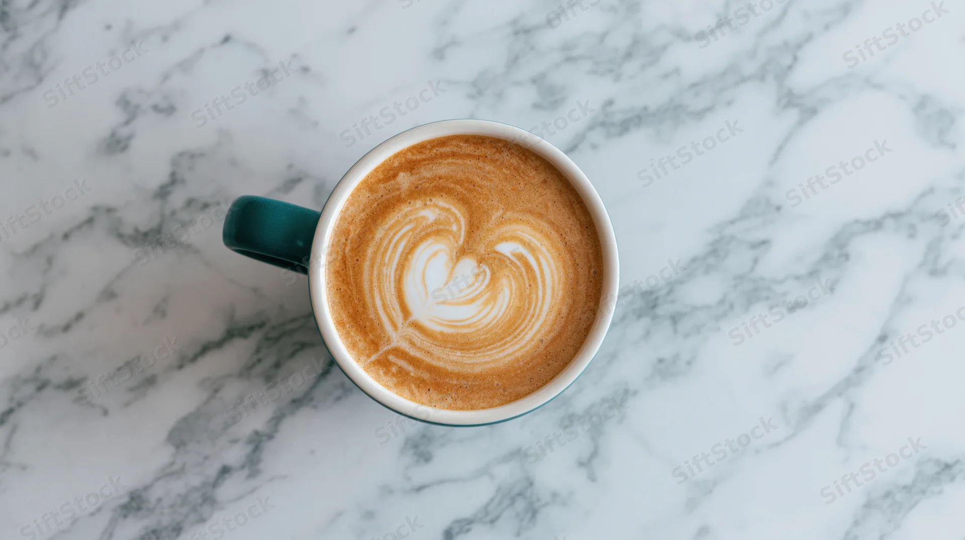 Latte with heart-shaped foam art in a teal ceramic mug on a marble countertop