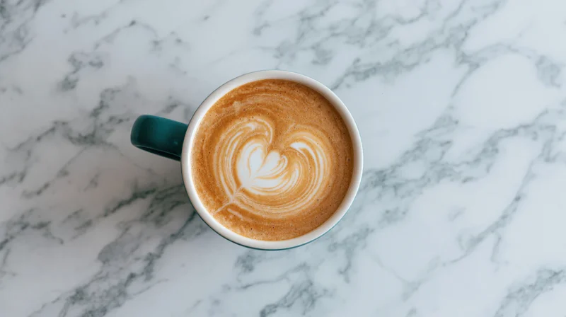 Latte with heart-shaped foam art in a teal ceramic mug on a marble countertop