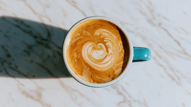 Overhead view of a latte with heart-shaped foam in a teal ceramic mug on a marble surface
