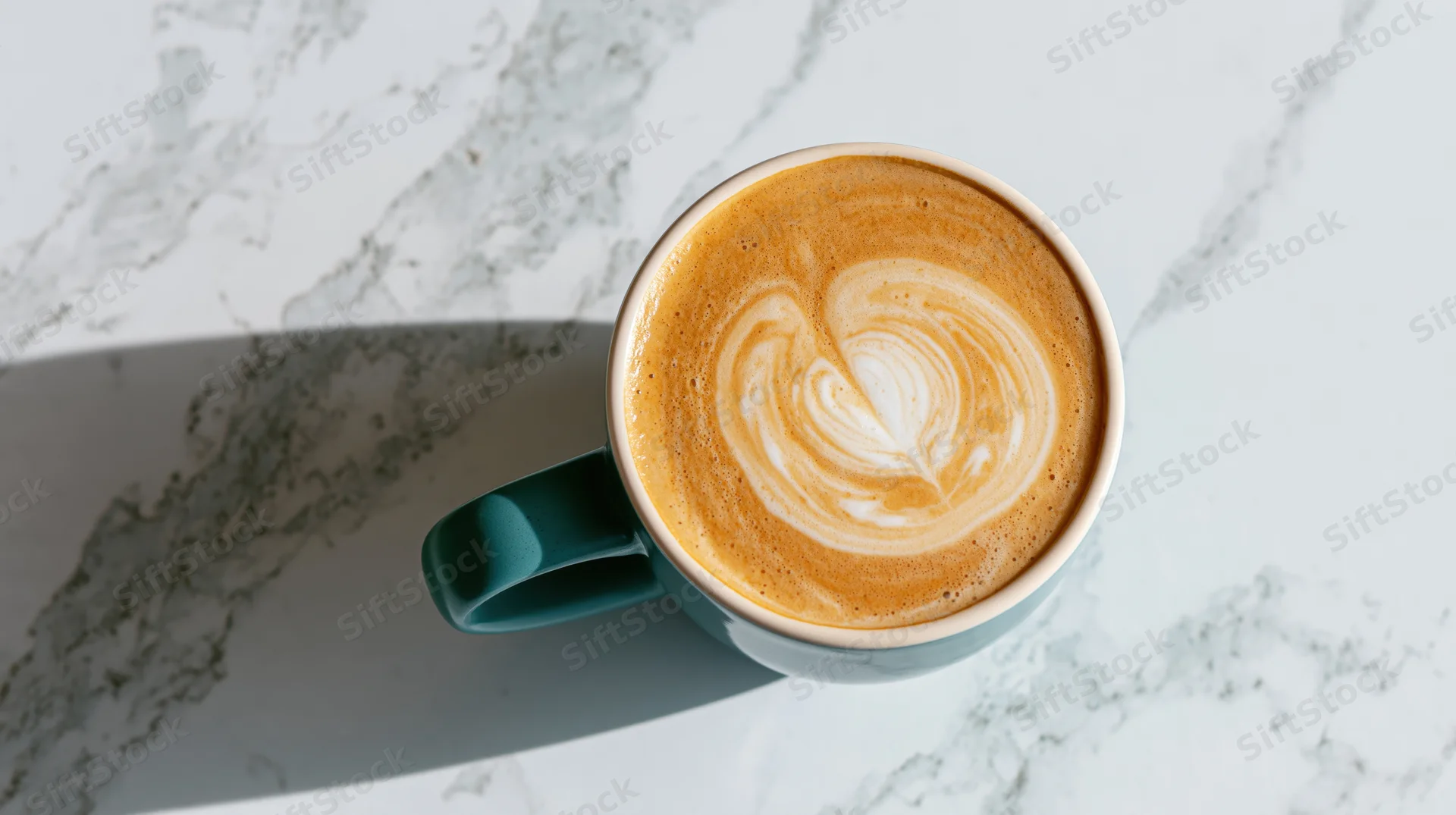 Latte with heart-shaped foam art in a teal ceramic mug on a white marble surface