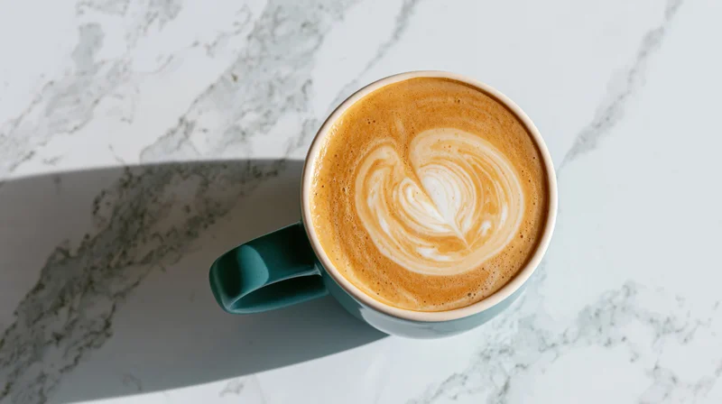 Flat lay overhead latte in teal mug on marble surface