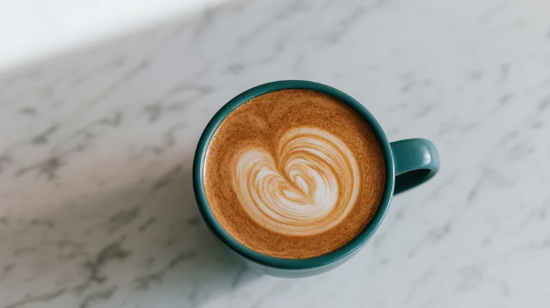 Latte with heart-shaped foam art in a teal ceramic mug on a marble countertop