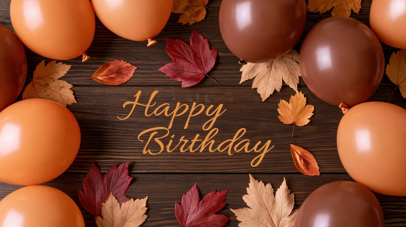 Orange and brown balloons with autumn leaves arranged on wooden surface around happy birthday text
