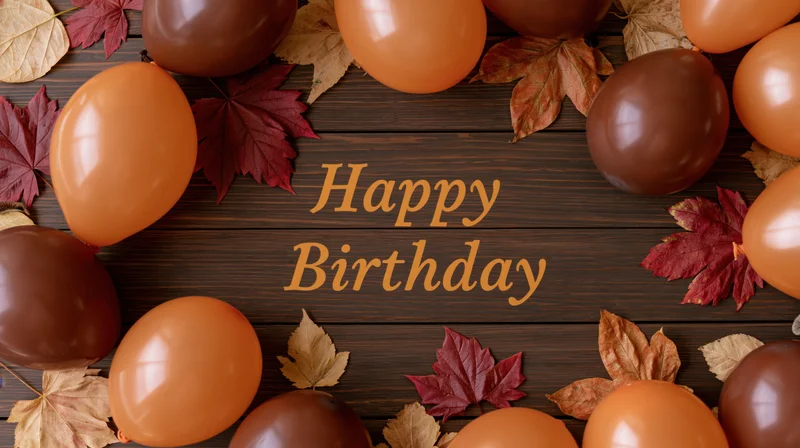 Orange and brown balloons with autumn leaves arranged on wooden surface framing happy birthday text