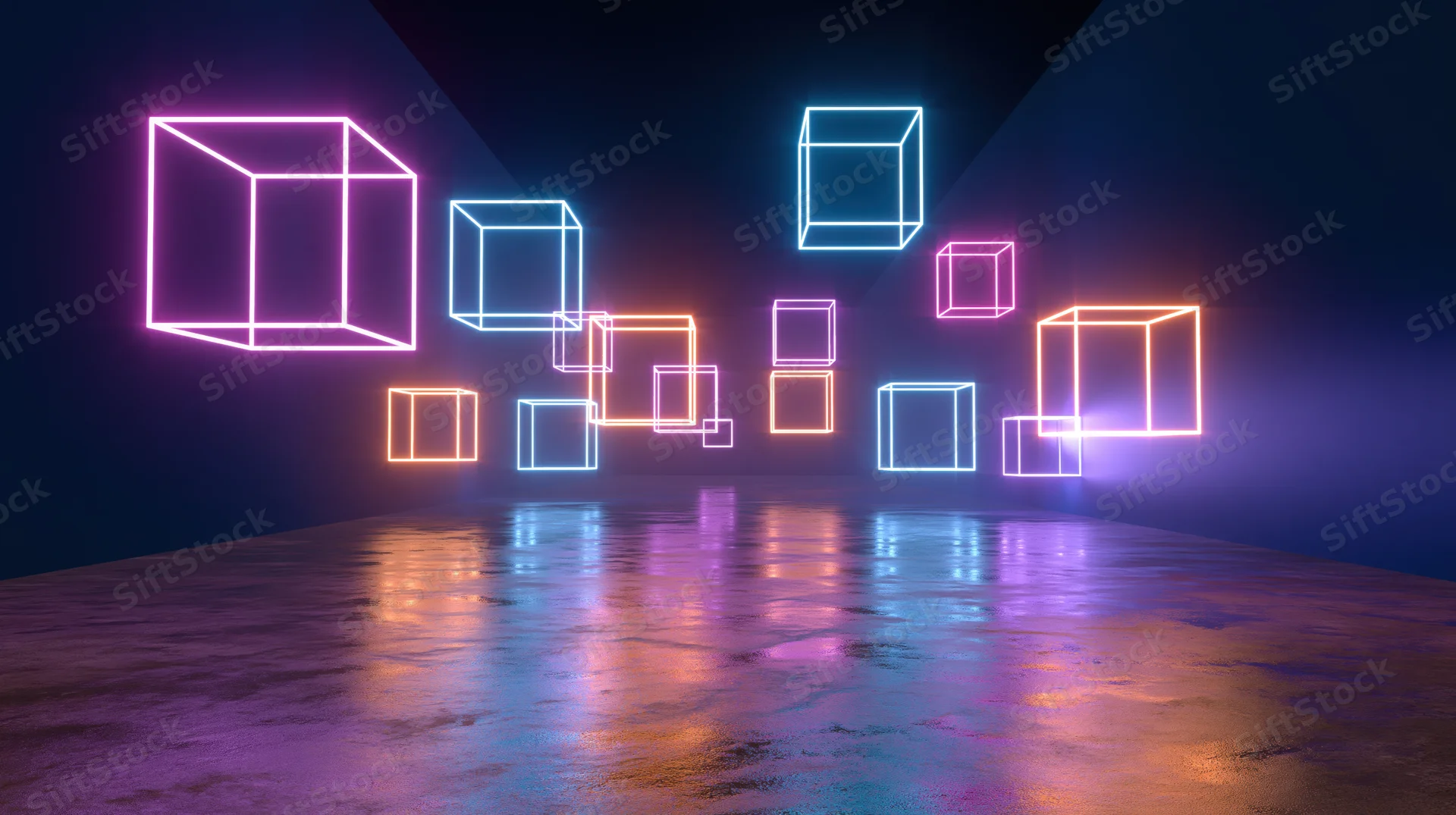 Glowing neon cube outlines floating in a dark space with reflections on a concrete floor