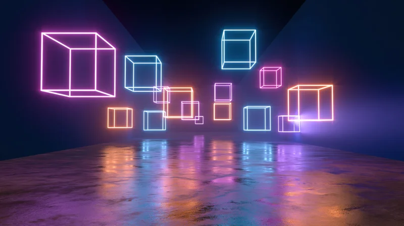 Glowing neon cube outlines floating in a dark space with reflections on a concrete floor