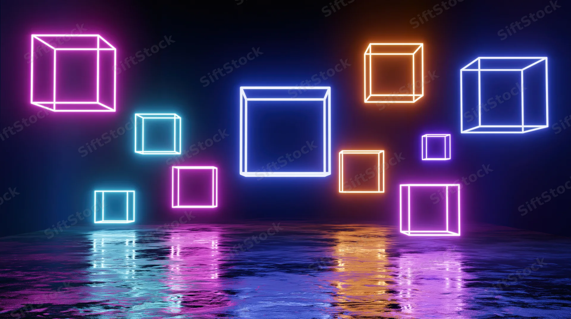 Glowing neon cube outlines floating above a reflective water surface in a dark digital space