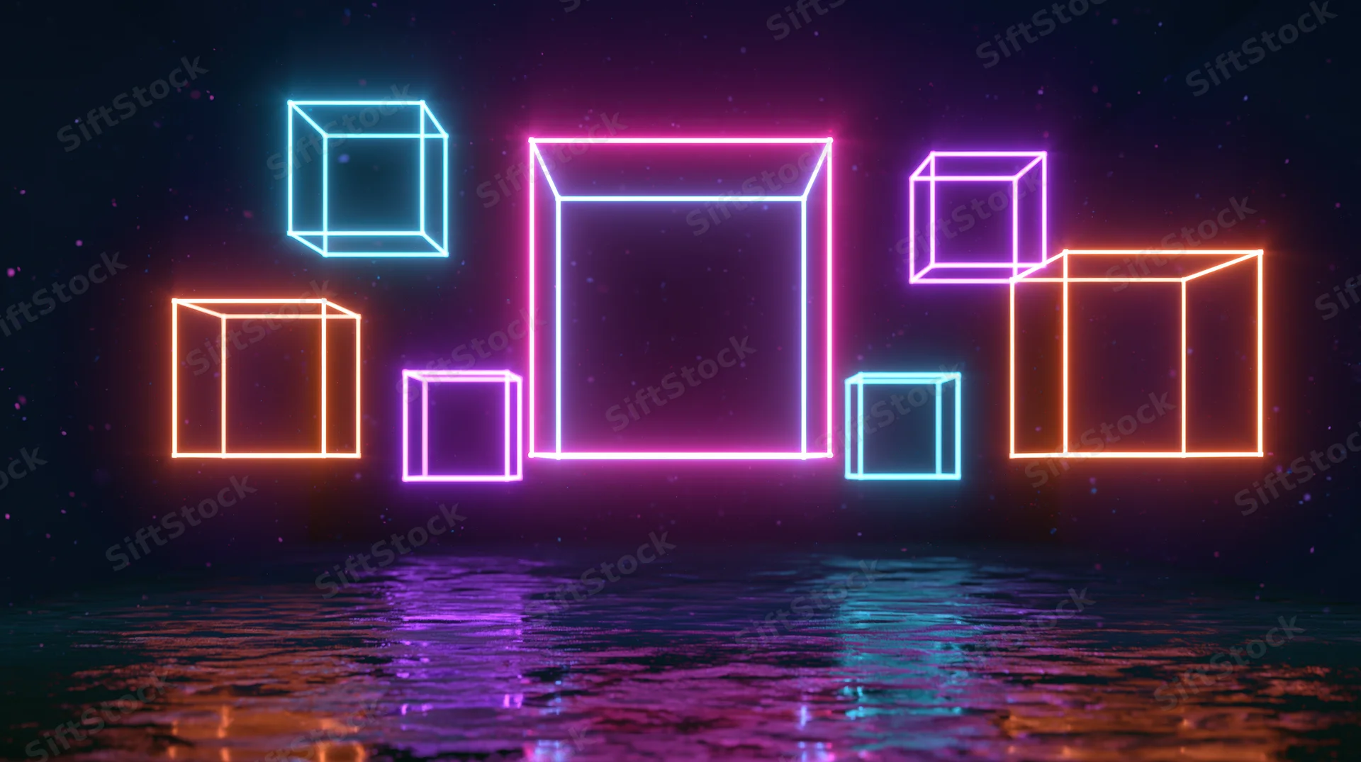Glowing neon wireframe cubes floating above a reflective water surface in a dark abstract space