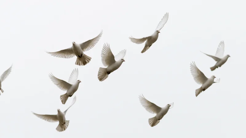 Flock of white doves in mid-flight with wings spread against a pale sky