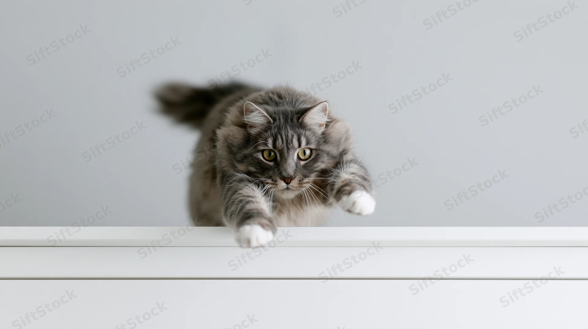 Fluffy grey tabby cat mid-leap with front paws extended over white dresser surface