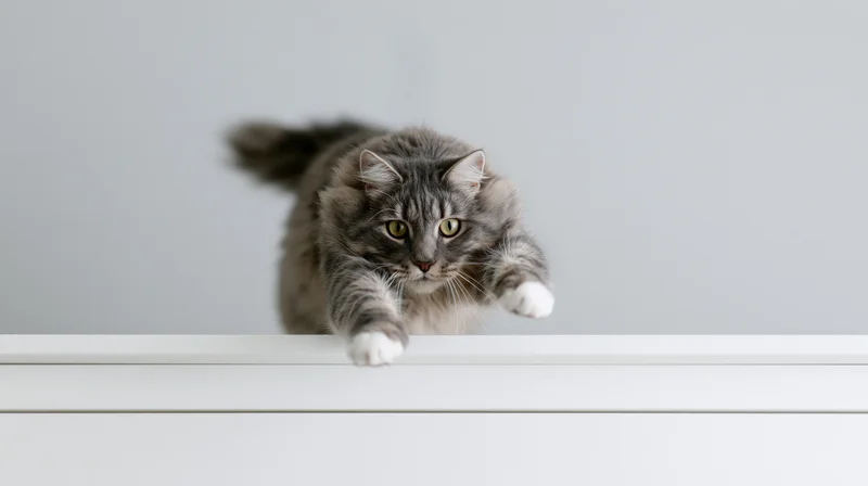 Fluffy grey tabby cat mid-leap with front paws extended over white dresser surface