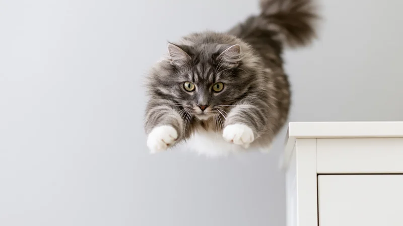Fluffy grey tabby cat mid-leap with front paws extended toward white dresser indoors