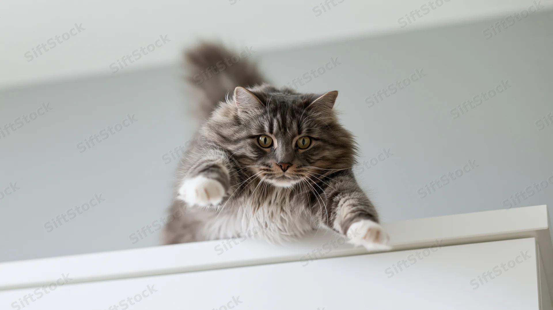 Fluffy grey tabby cat mid-leap with front paws extended over white dresser
