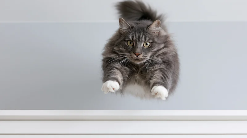 Fluffy grey tabby cat mid-leap with front paws extended off white dresser