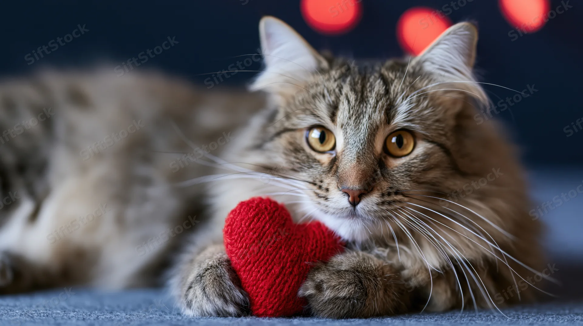 Fluffy tabby cat lying down holding a small red knitted heart on a blue surface with blurred red lights in the background
