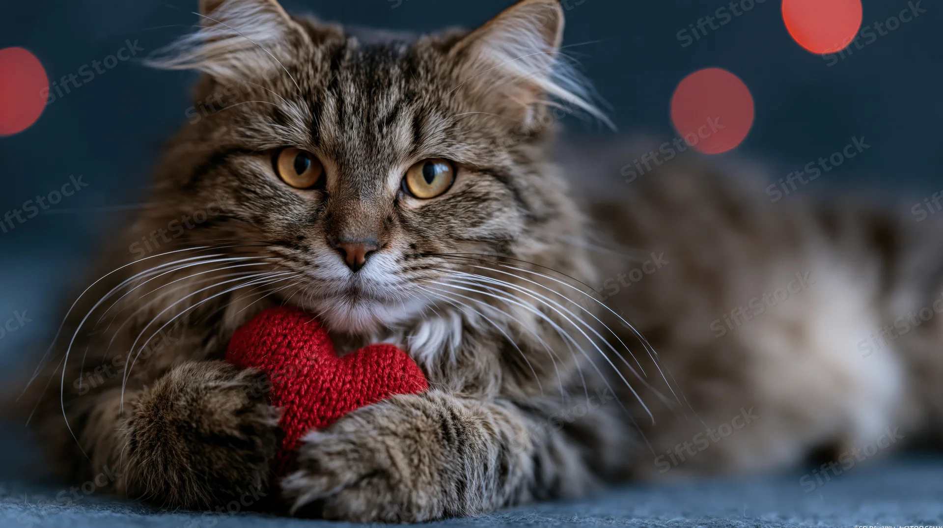 Fluffy tabby cat lying down holding a small red knitted heart indoors