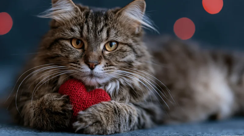Fluffy tabby cat lying down holding a small red knitted heart indoors