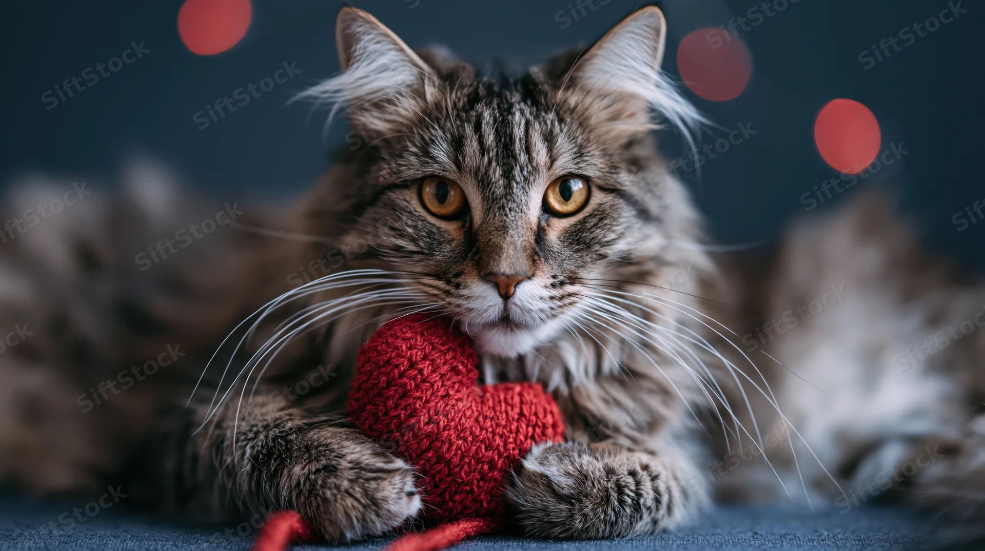 Fluffy tabby cat lying down holding a small red knitted heart on a dark blue surface