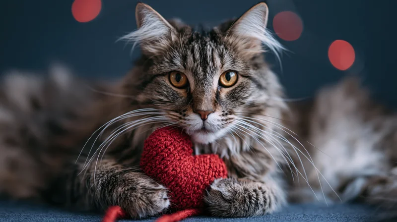 Fluffy tabby cat lying down holding a small red knitted heart on a dark blue surface