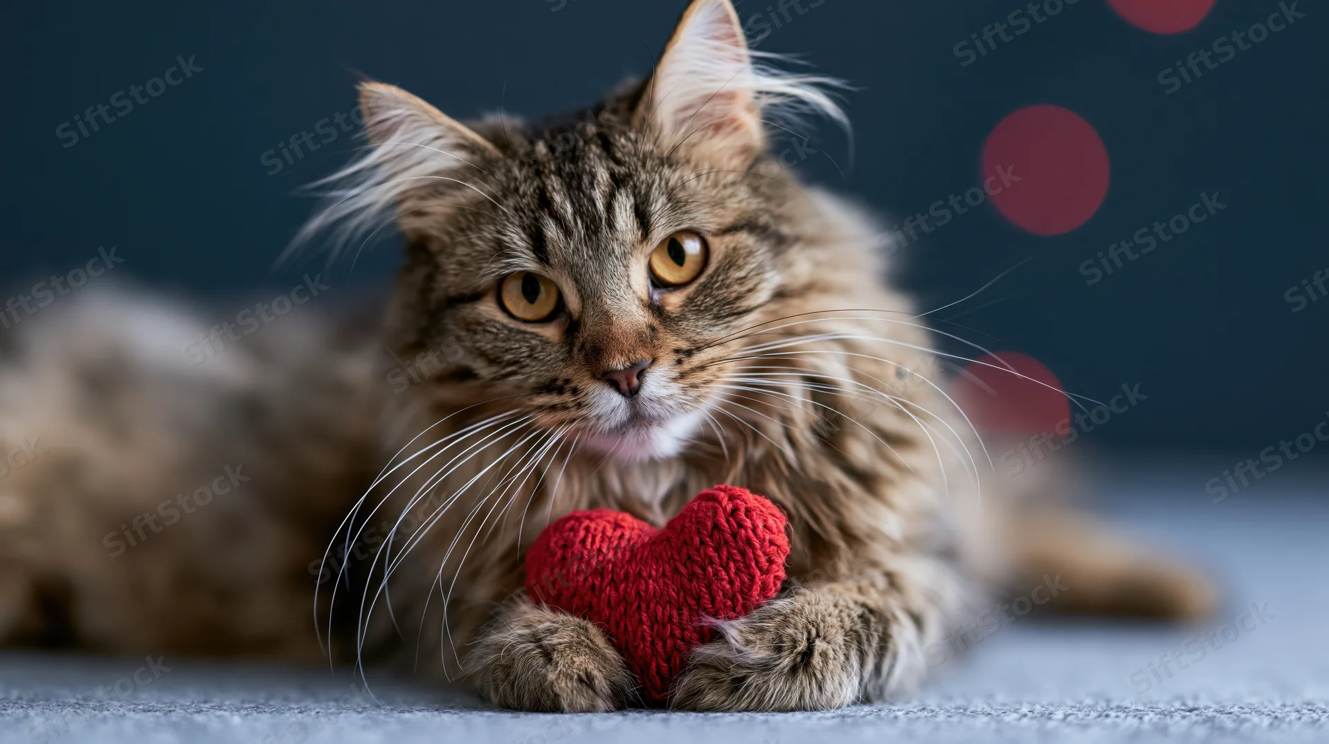 Fluffy tabby cat lying on carpet holding small red knitted heart