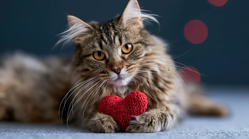 Fluffy tabby cat lying on carpet holding small red knitted heart