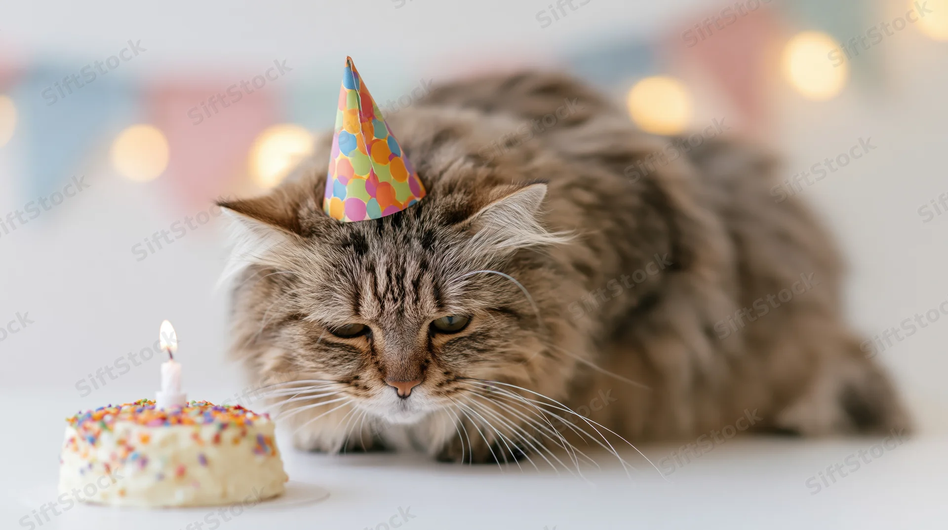 Fluffy tabby cat wearing party hat beside small birthday cake with lit candle on white table
