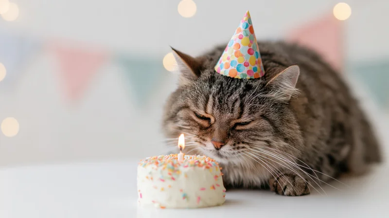 Fluffy tabby cat wearing party hat blowing out candle on small birthday cake with sprinkles, festive decorations in background