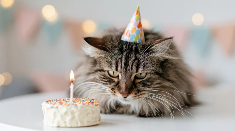 Fluffy tabby cat wearing party hat beside small birthday cake with lit candle on white table