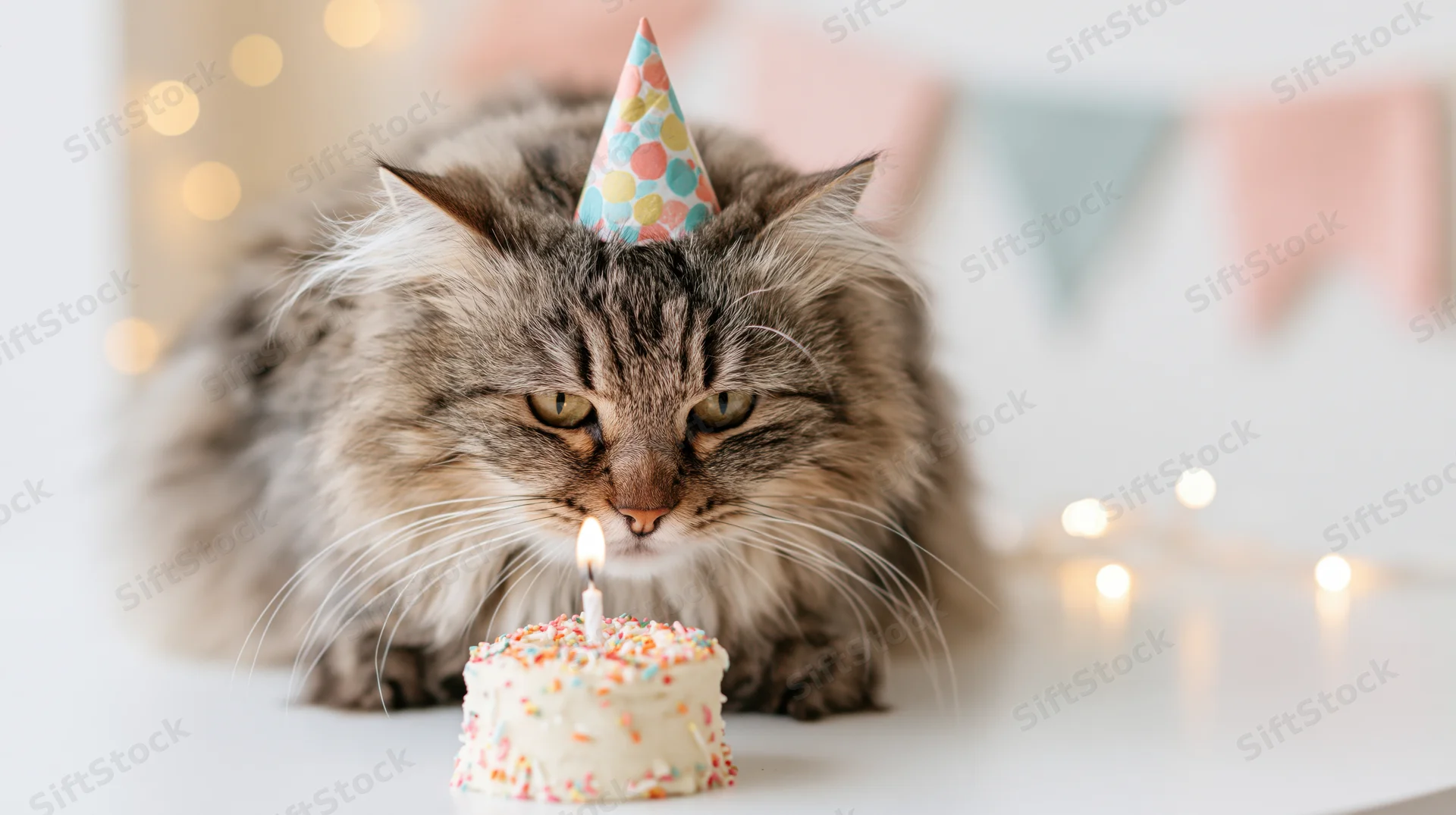 Fluffy tabby cat wearing party hat leaning toward small birthday cake with lit candle on white table