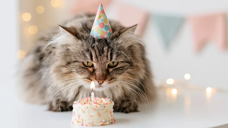 Fluffy tabby cat wearing party hat leaning toward small birthday cake with lit candle on white table