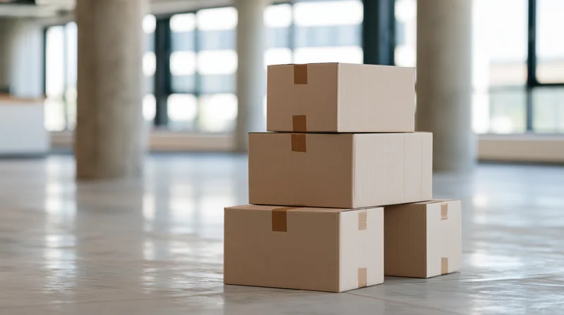 Stack of cardboard boxes arranged in pyramid on polished concrete floor in modern warehouse interior