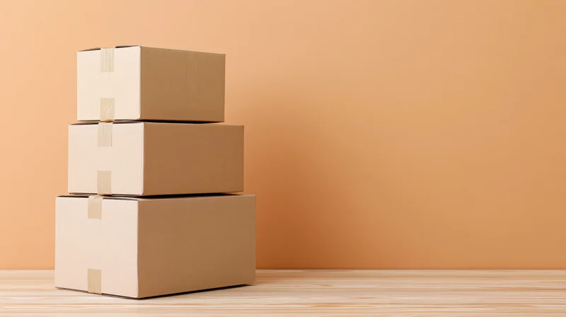 Three cardboard shipping boxes stacked in a tower on a wooden floor against a plain orange wall