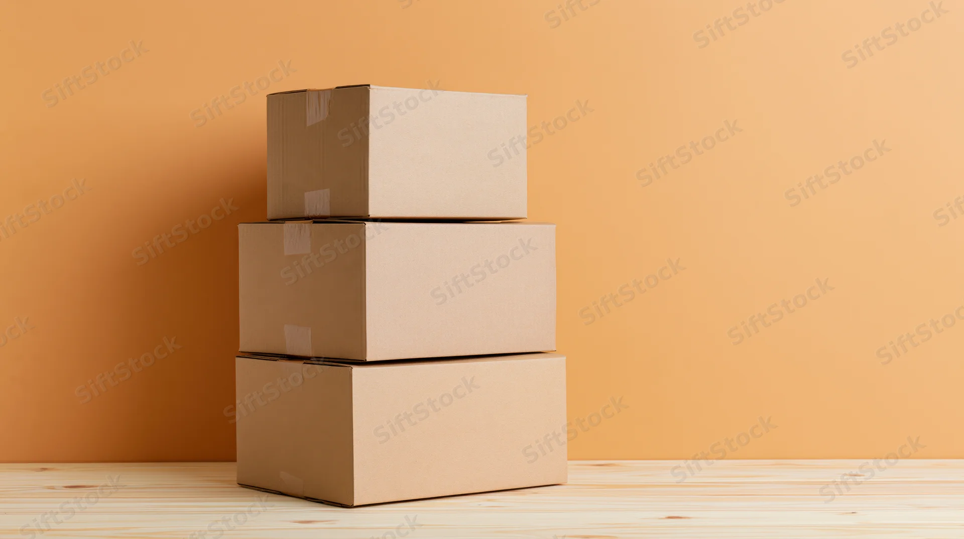 Three cardboard boxes stacked in a tower on a wooden floor against an orange wall