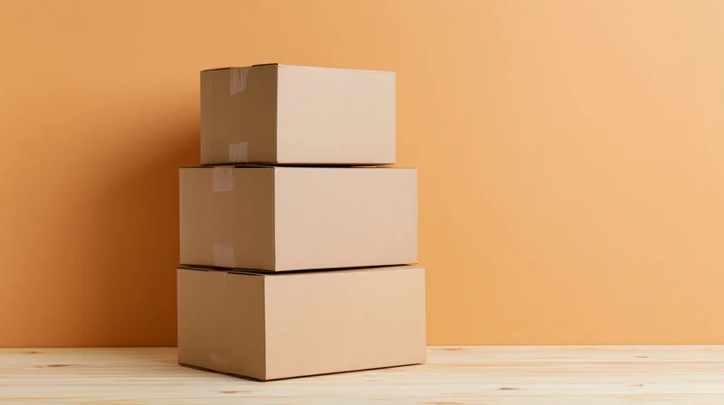 Three cardboard boxes stacked in a tower on a wooden floor against an orange wall