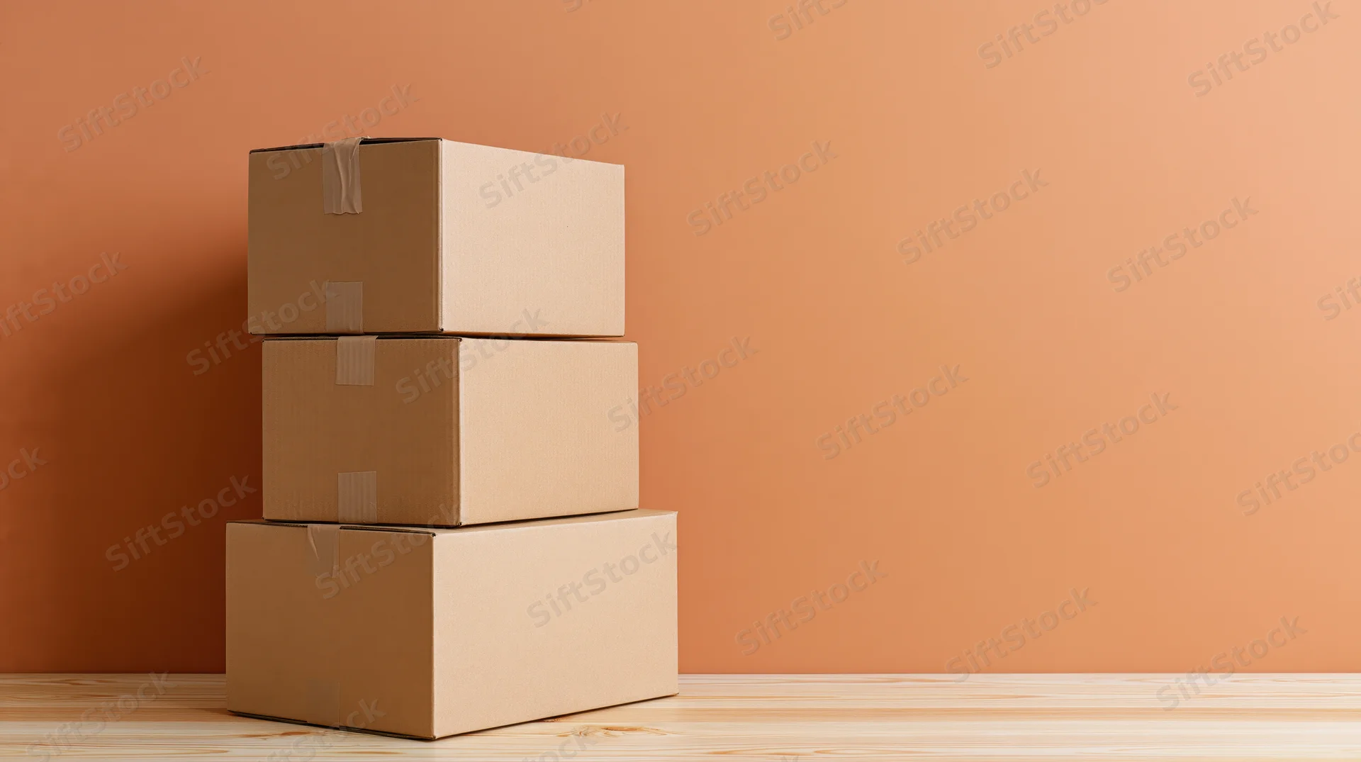 Three cardboard shipping boxes stacked in a tower on a wooden floor against an orange wall