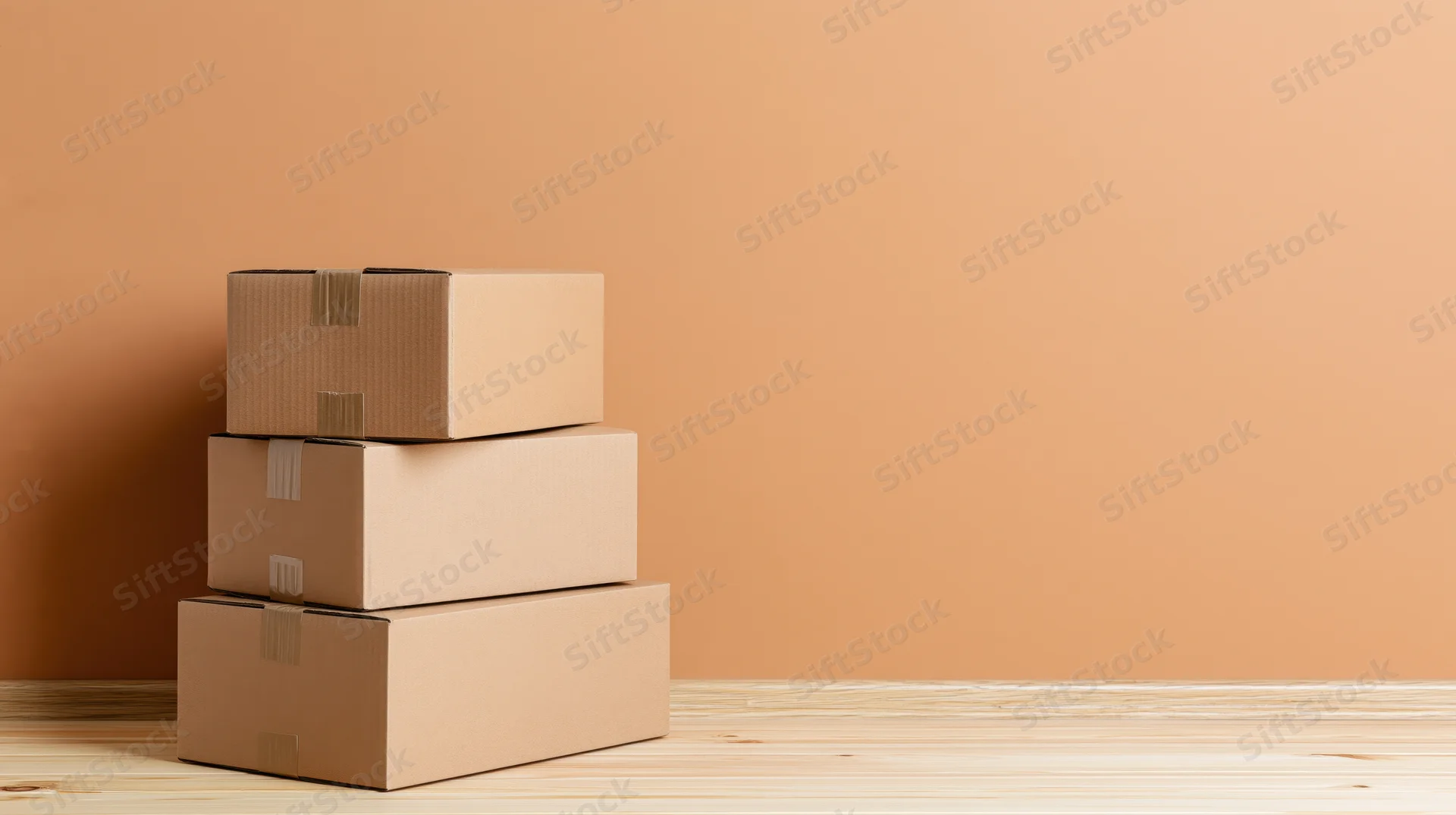 Three cardboard boxes stacked in a tower on a wooden floor against a plain wall