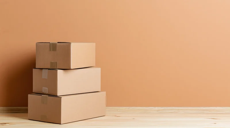 Three cardboard boxes stacked in a tower on a wooden floor against a plain wall