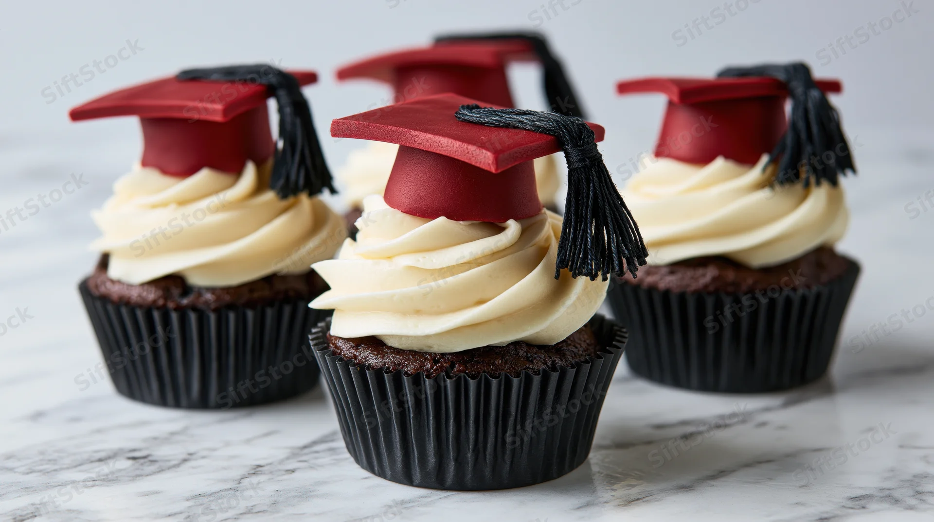 Chocolate cupcakes with red graduation caps and white frosting on marble surface