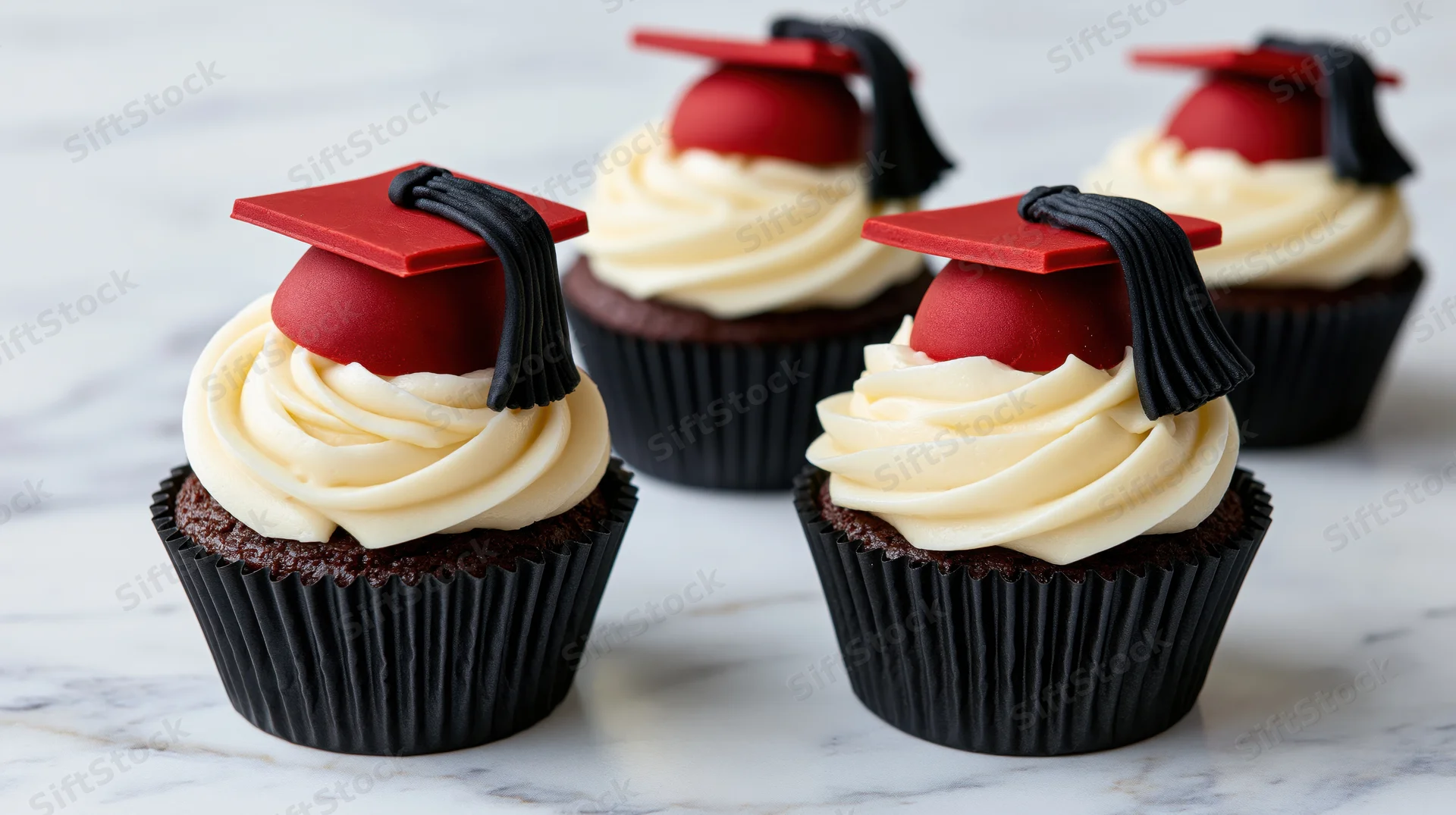 Four chocolate cupcakes with red graduation caps and black tassels on white marble surface