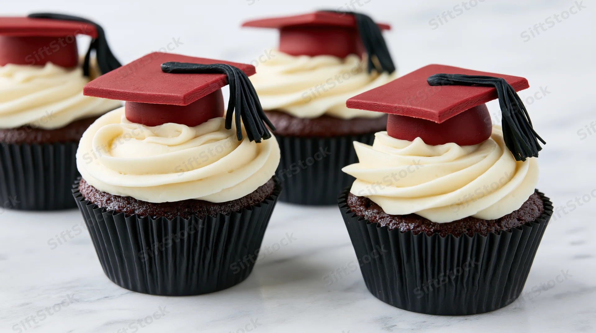 Chocolate cupcakes with red graduation caps and white frosting on marble surface