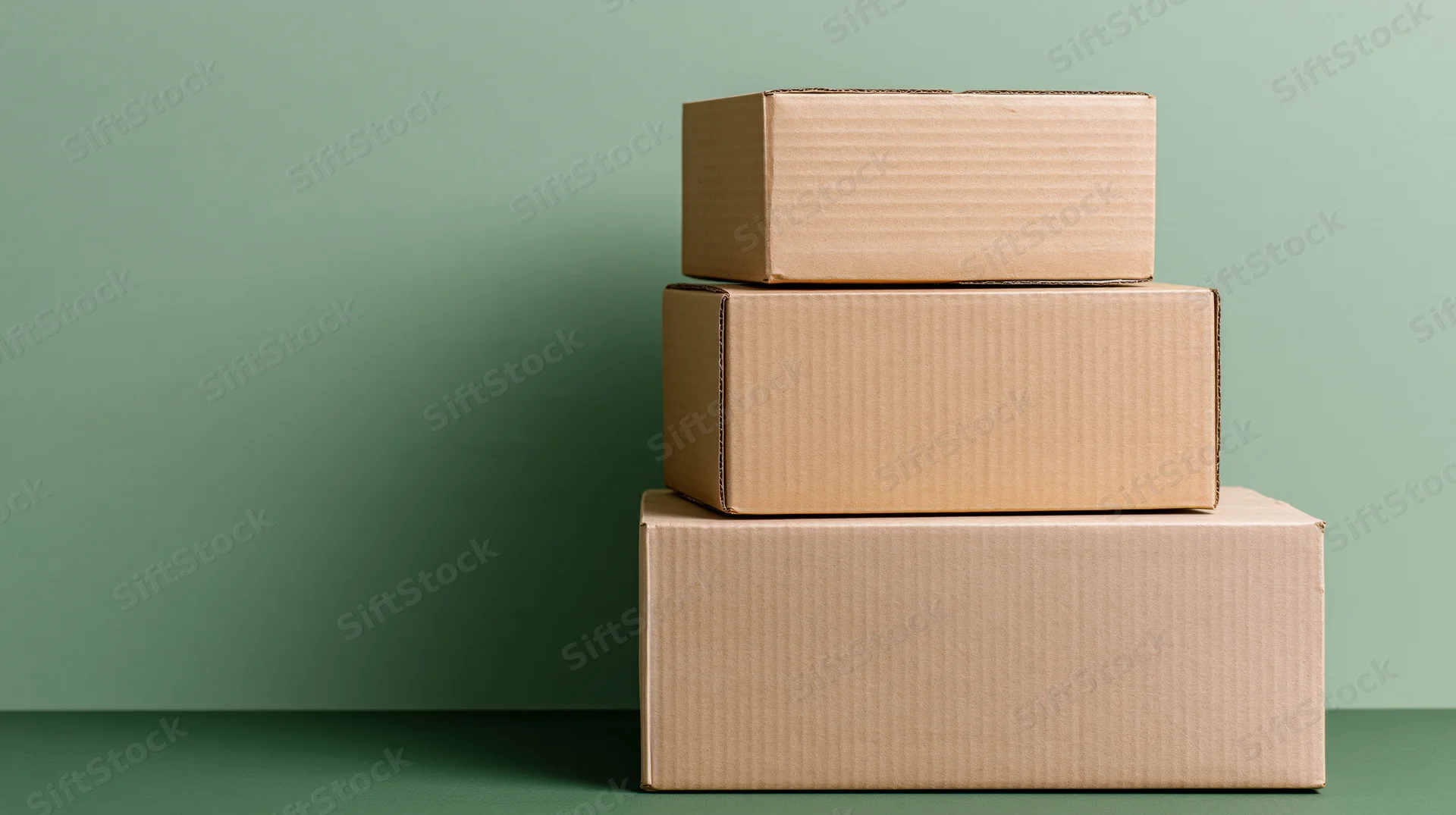 Three cardboard boxes stacked in a stepped pyramid formation against a green background