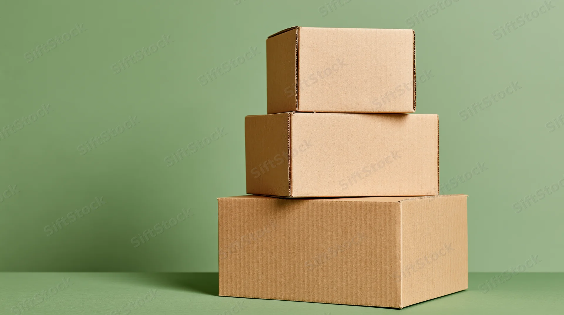 Three plain cardboard boxes stacked in a stepped pyramid formation on a green surface
