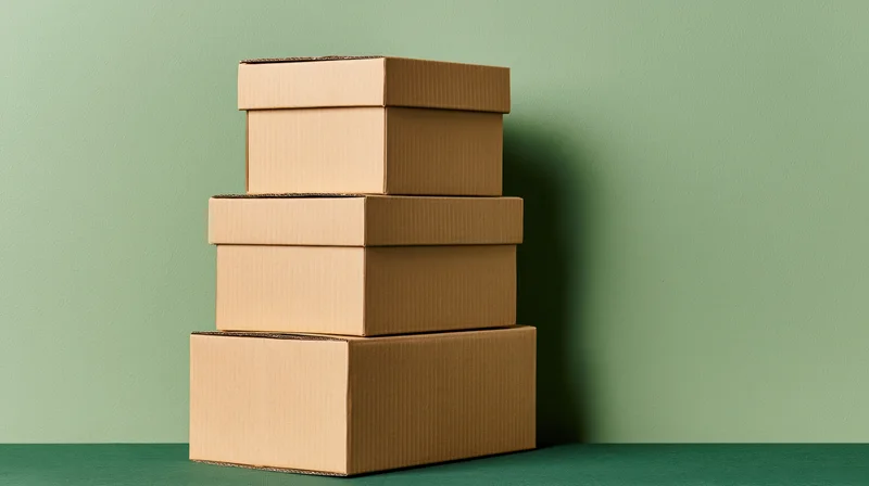 Four plain cardboard boxes stacked in a stepped pyramid formation against a green wall and floor